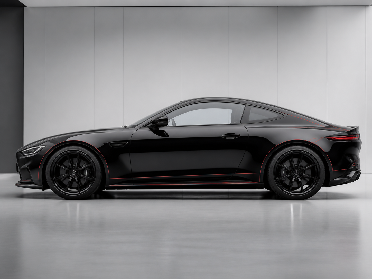 Fictional black coupe shown in side profile with red surface reference lines